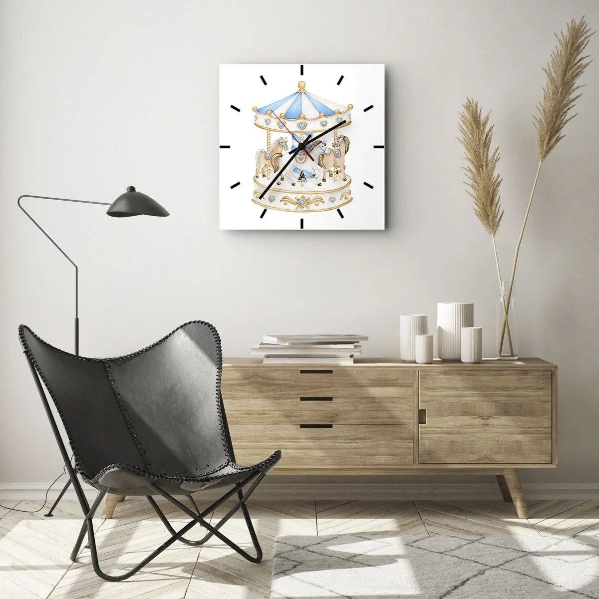 Wanduhr - Glasuhr - Ein Karussell in Pastellfarben auf weißem Hintergrund - 30x30cm - Süße Kindheit - Moderne Wanddekoration für Wohnzimmer und Schlafzimmer ARTTOR