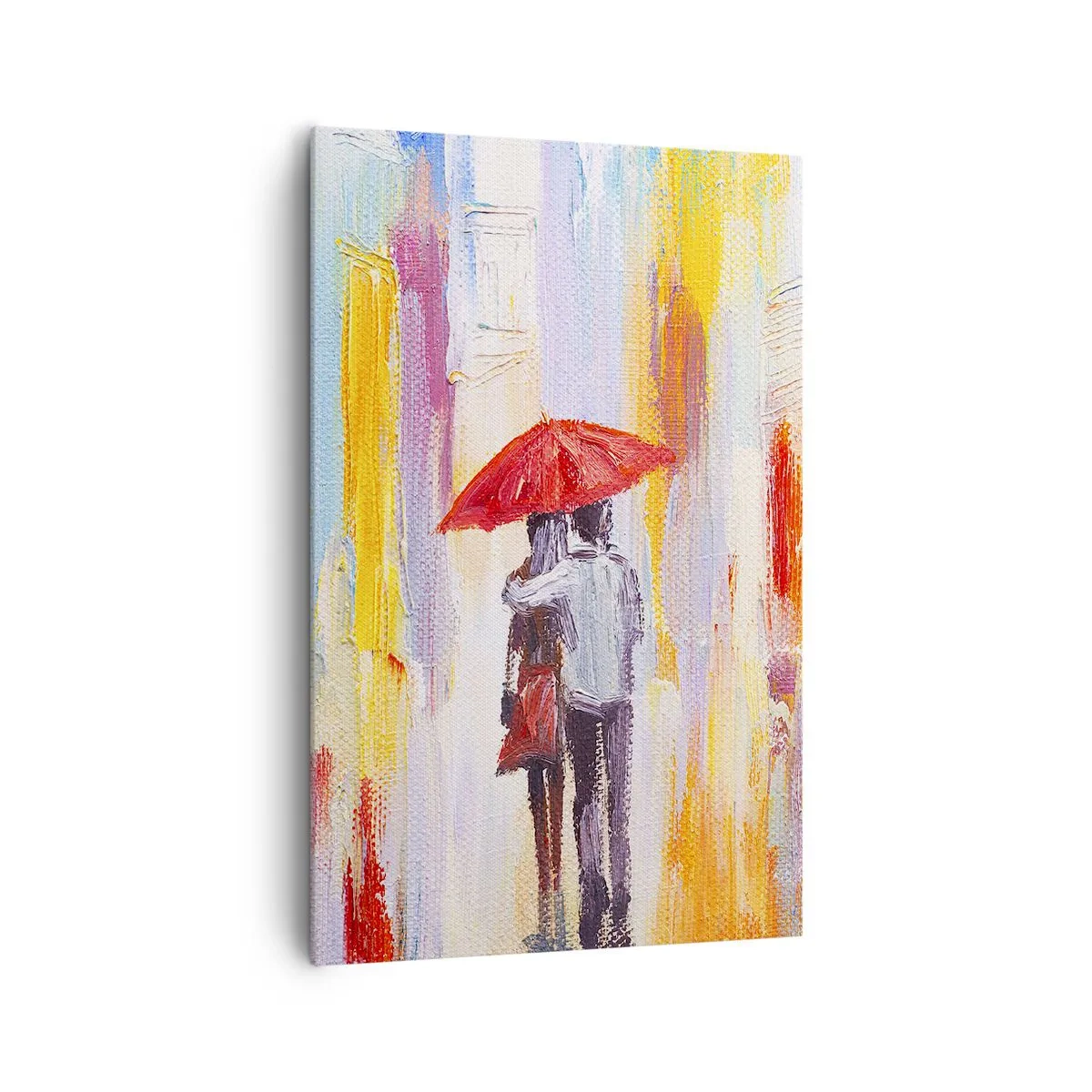 Bild auf Leinwand - Leinwandbild - Ein Paar unter einem roten Regenschirm mit bunten Gebäuden im Hintergrund. - 80x120cm - Lass es weiter regnen - Moderne Wanddekoration für Wohnzimmer und Schlafzimmer ARTTOR