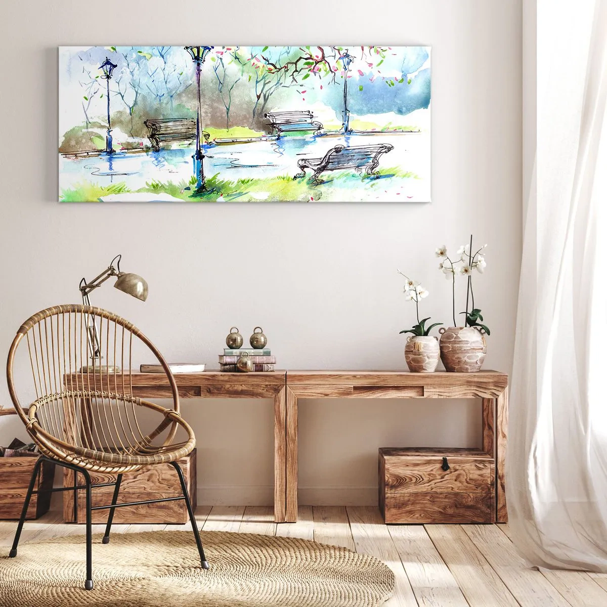 Bild auf Leinwand - Leinwandbild - Aquarell-Parkszene mit Bänken und Lampen - 120x50cm - Der Zauber der Stille des Parks - Moderne Wanddekoration für Wohnzimmer und Schlafzimmer ARTTOR