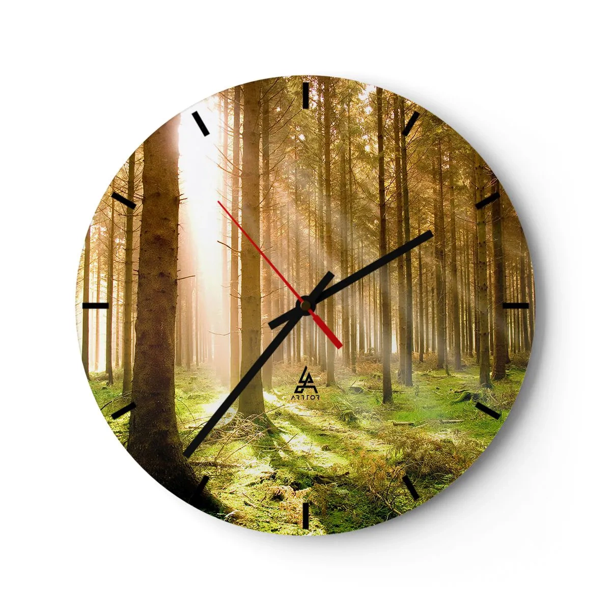 Wanduhr - Glasuhr - Sonniger Wald mit Lichtstrahlen - 30x30cm - Die Elfen werden bald erscheinen - Moderne Wanddekoration für Wohnzimmer, Küche und Schlafzimmer ARTTOR