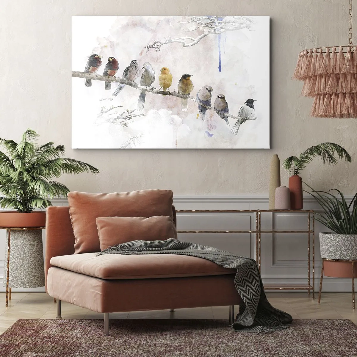 Bild auf Leinwand - Leinwandbild - Bunte Vögel auf einem Ast im Aquarellstil - 70x50cm - Geflügeltes Treffen - Moderne Wanddekoration für Wohnzimmer und Schlafzimmer ARTTOR