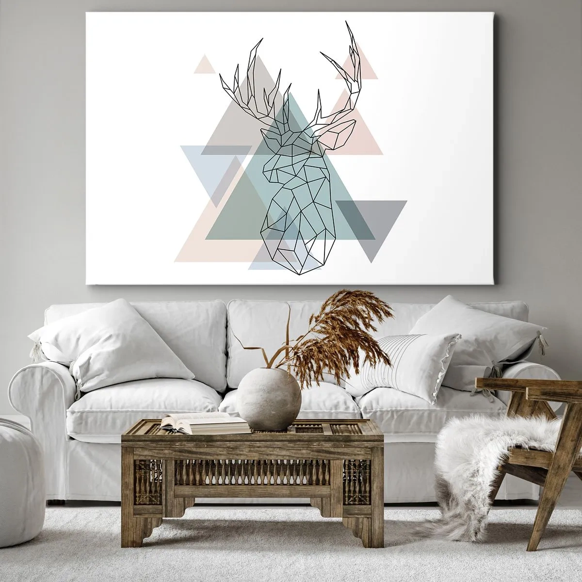 Bild auf Leinwand - Leinwandbild - Geometrischer Hirsch auf einem Hintergrund aus pastellfarbenen Dreiecken - 70x50cm - In einem geometrischen Wald - Moderne Wanddekoration für Wohnzimmer und Schlafzimmer ARTTOR