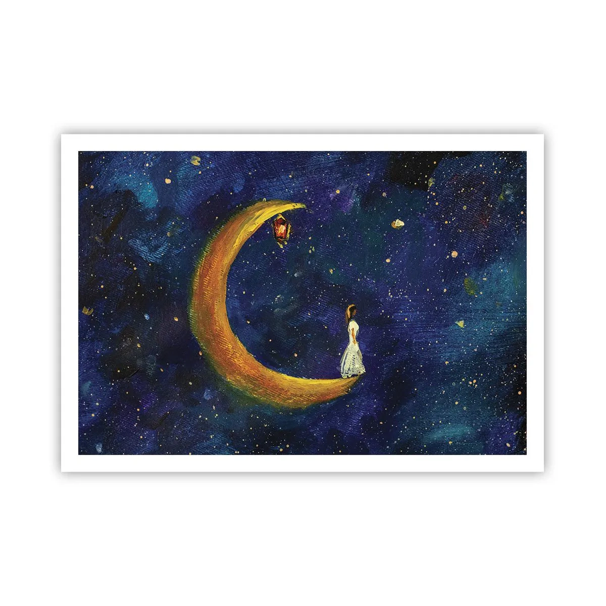Poster - Ein Mädchen steht auf dem Mond in einem Sternenhimmel - 100x70cm - Der Ruf der Welt - Moderne Wanddekoration für Wohnzimmer und Schlafzimmer ARTTOR