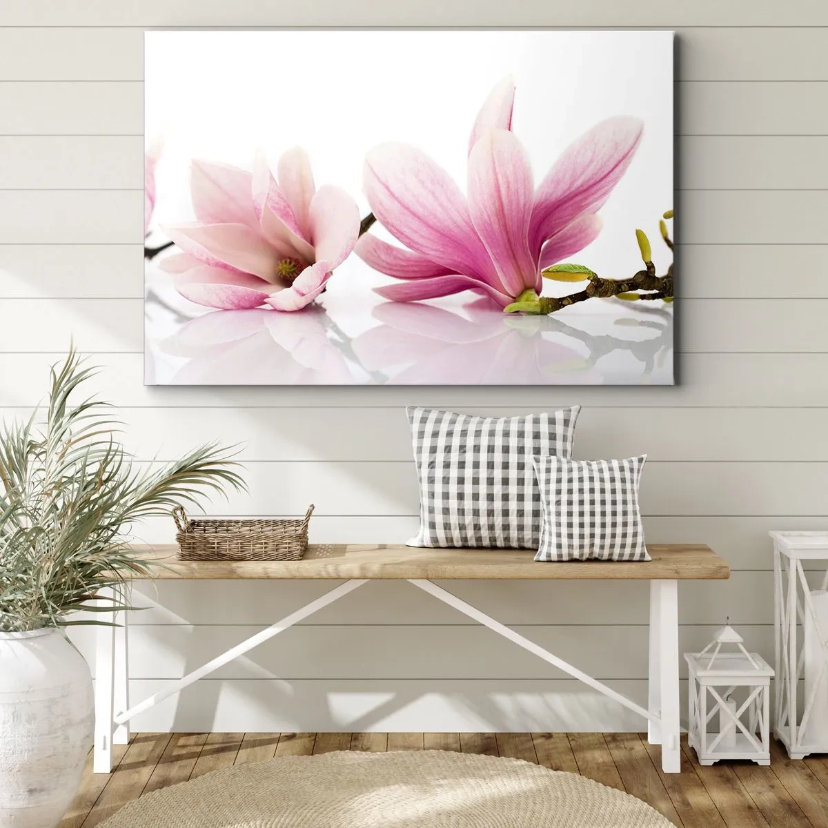 Bild auf Leinwand - Leinwandbild - Zarte rosa Magnolien auf weißem Hintergrund - 70x50cm - Zart wie ein Frühlingswind - Moderne Wanddekoration für Wohnzimmer und Schlafzimmer ARTTOR