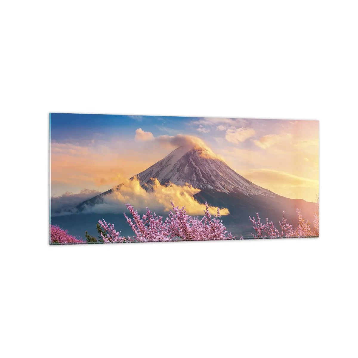 Glasbild - Bild auf glas - Mount Fuji mit Kirschblüten im Hintergrund bei Sonnenuntergang - 120x50cm - Japanische Heiligkeit - Moderne Wanddekoration für Wohnzimmer und Schlafzimmer ARTTOR