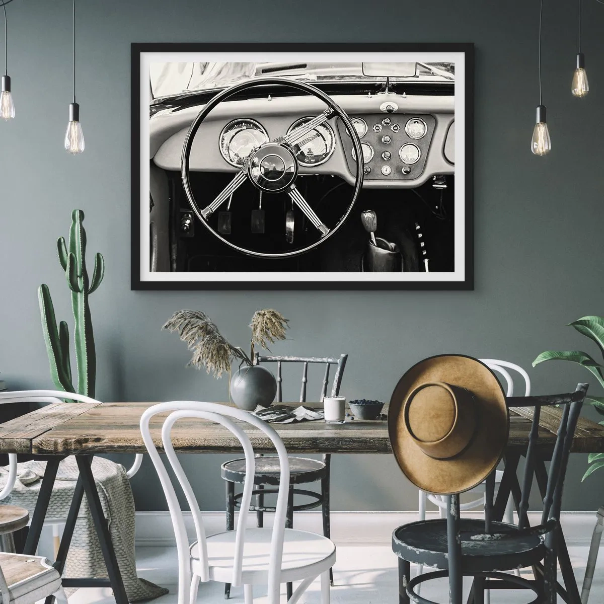 Poster in einem schwarzem Rahmen - Schwarz-weißes Oldtimer-Interieur - 70x50cm - Ein Sammlertraum - Moderne Wanddekoration für Wohnzimmer und Schlafzimmer ARTTOR