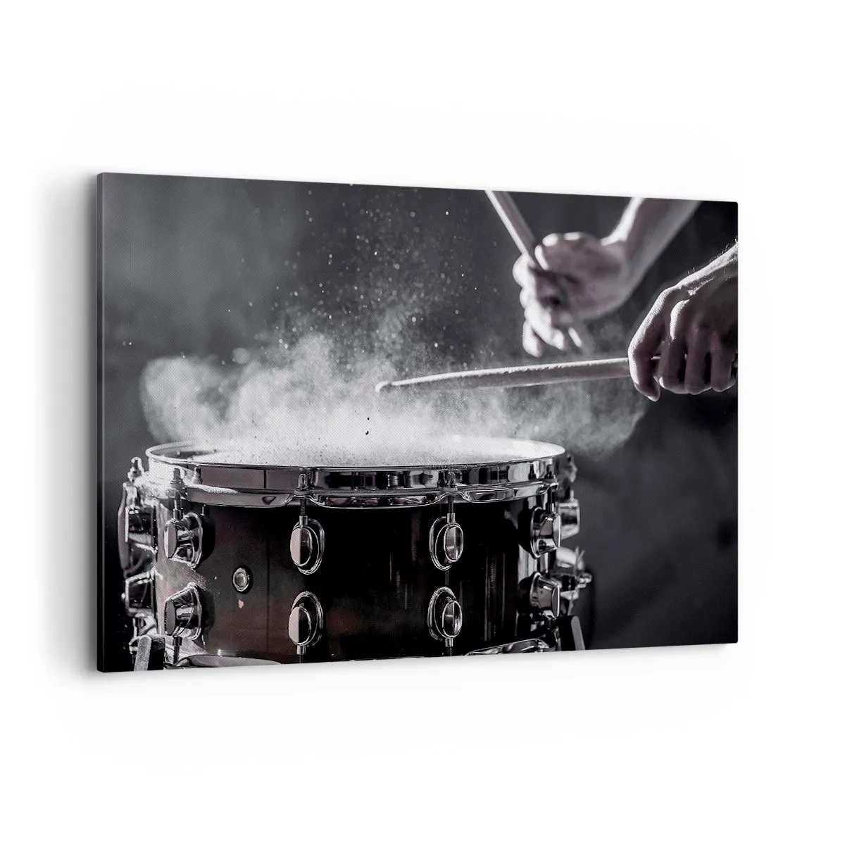 Bild auf Leinwand - Leinwandbild - Schlagen der Snare Drum mit Sticks mit Staubeffekt - 120x80cm - Der Puls der Musik - Moderne Wanddekoration für Wohnzimmer und Schlafzimmer ARTTOR