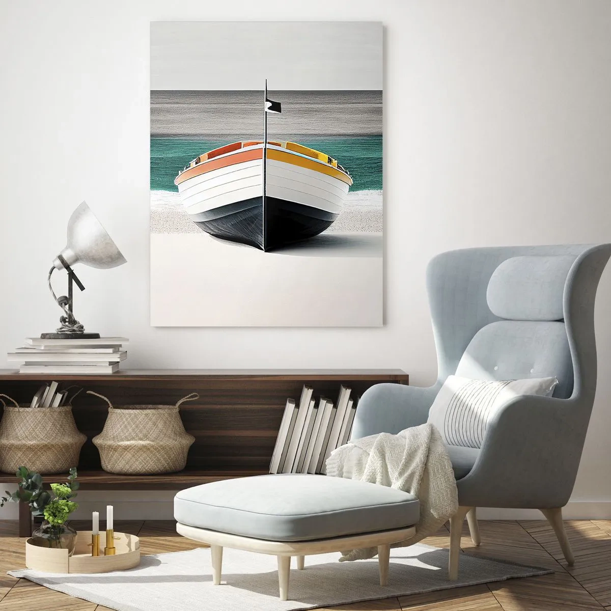 Glasbild - Bild auf glas - Ein Boot am Strand mit türkisfarbenem Meer im Hintergrund - 80x120cm - An seinem Platz - Moderne Wanddekoration für Wohnzimmer und Schlafzimmer ARTTOR