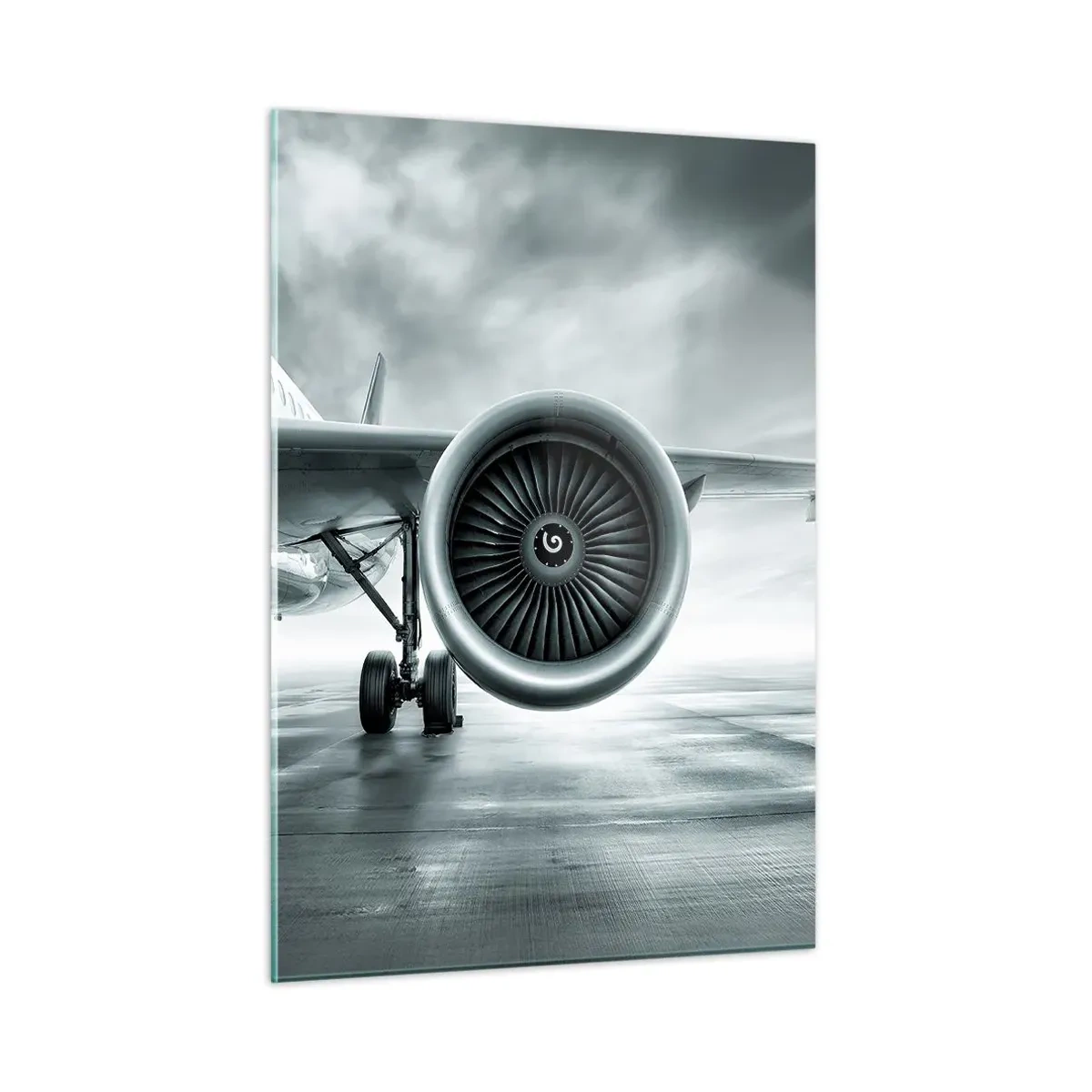 Glasbild - Bild auf glas - Die Turbine eines Passagierflugzeugs auf der Landebahn im Morgengrauen - 50x70cm - Die Macht ist da! - Moderne Wanddekoration für Wohnzimmer und Schlafzimmer ARTTOR