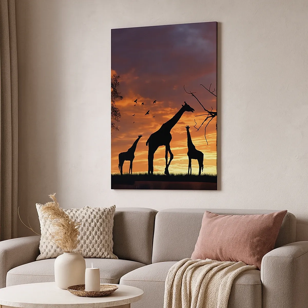 Bild auf Leinwand - Leinwandbild - Silhouetten von Giraffen vor dem Hintergrund des afrikanischen Sonnenuntergangs - 50x70cm - Ein kleines Abendessen mit deinen Liebsten - Moderne Wanddekoration für Wohnzimmer und Schlafzimmer ARTTOR