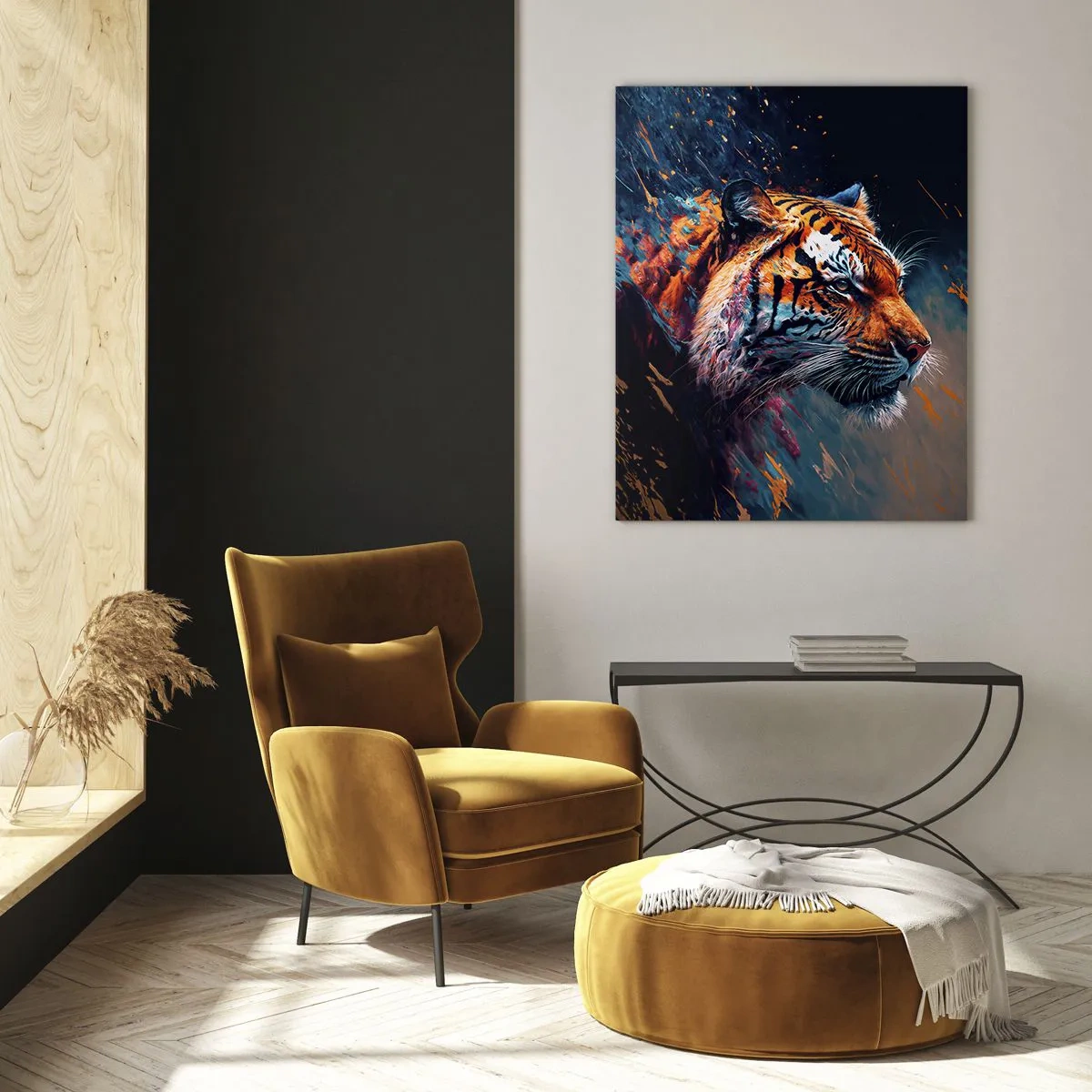 Glasbild - Bild auf glas - Portrait eines Tigers in dynamischen, abstrakten Farben - 80x120cm - Wilde Schönheit - Moderne Wanddekoration für Wohnzimmer und Schlafzimmer ARTTOR