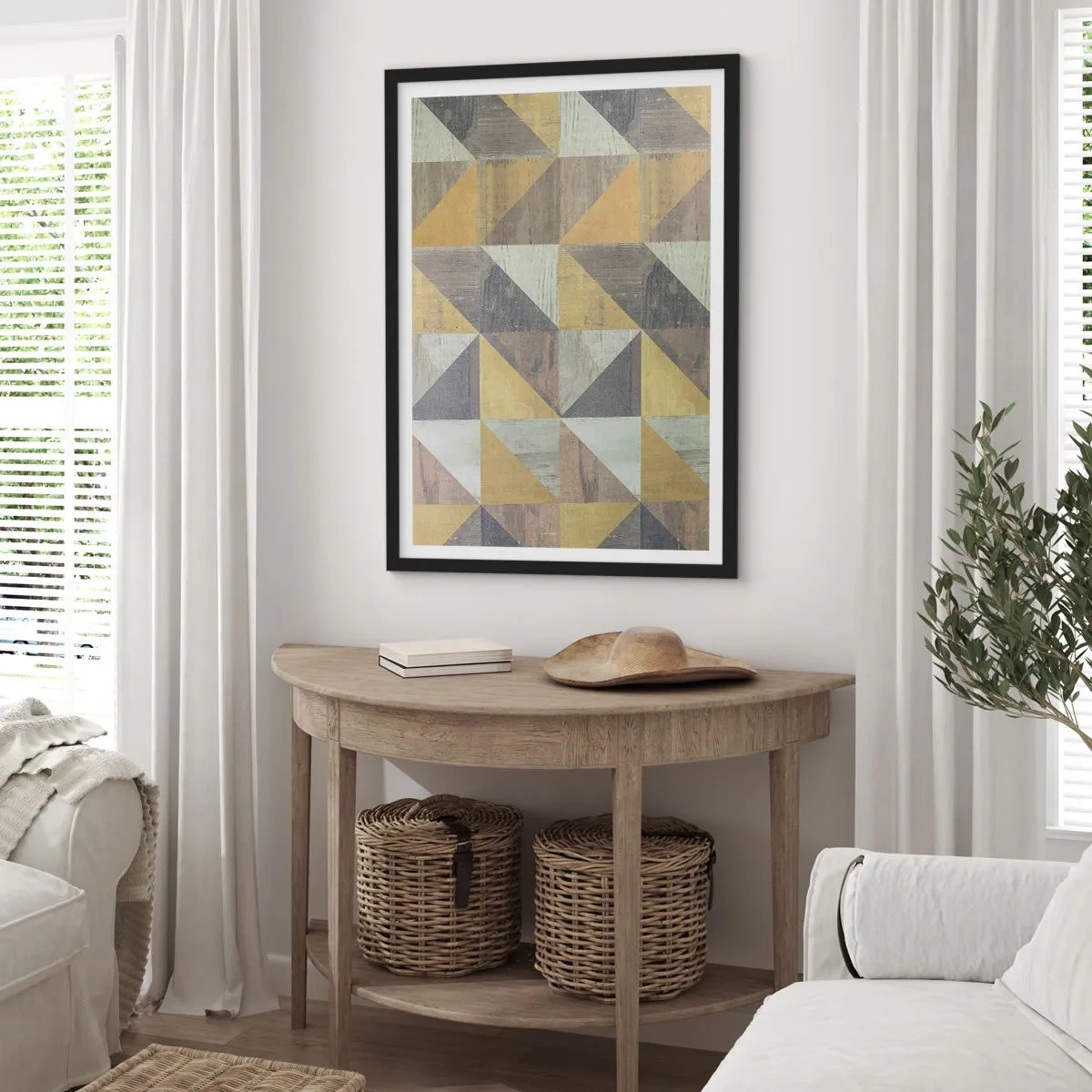 Poster in einem schwarzem Rahmen - Geometrisches Muster in Gold- und Grautönen - 50x70cm - Am Winkel des Dreiecks - Moderne Wanddekoration für Wohnzimmer und Schlafzimmer ARTTOR