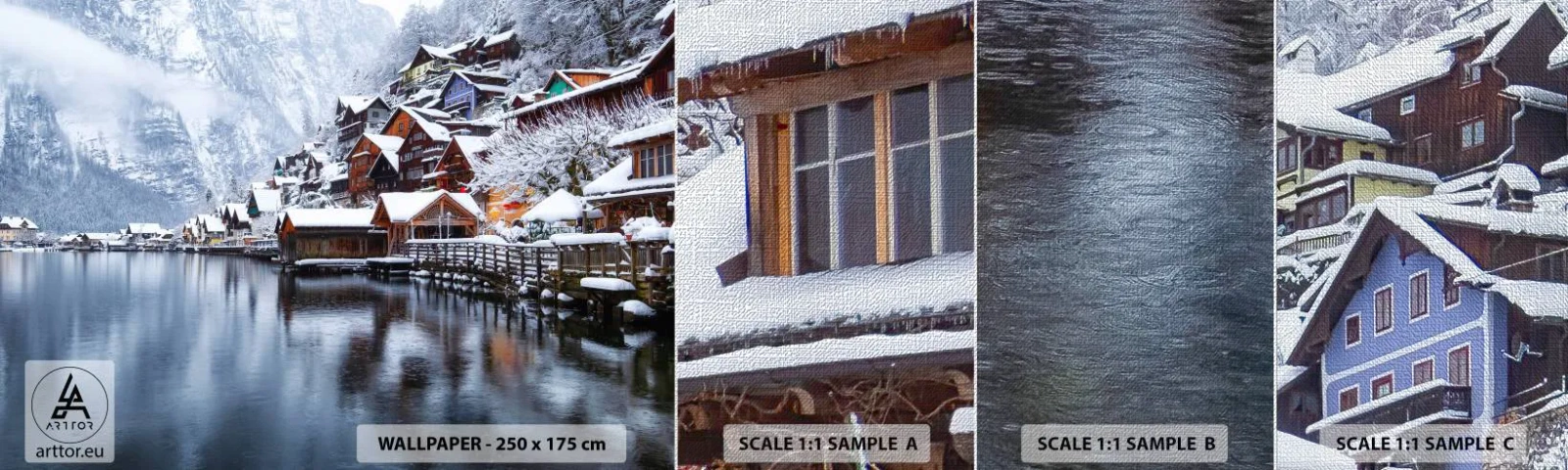 Fototapeten Muster Premium Canvas - In winterlicher Dekoration - Landschaft, Bergsiedlung, Winter - 100x30 cm