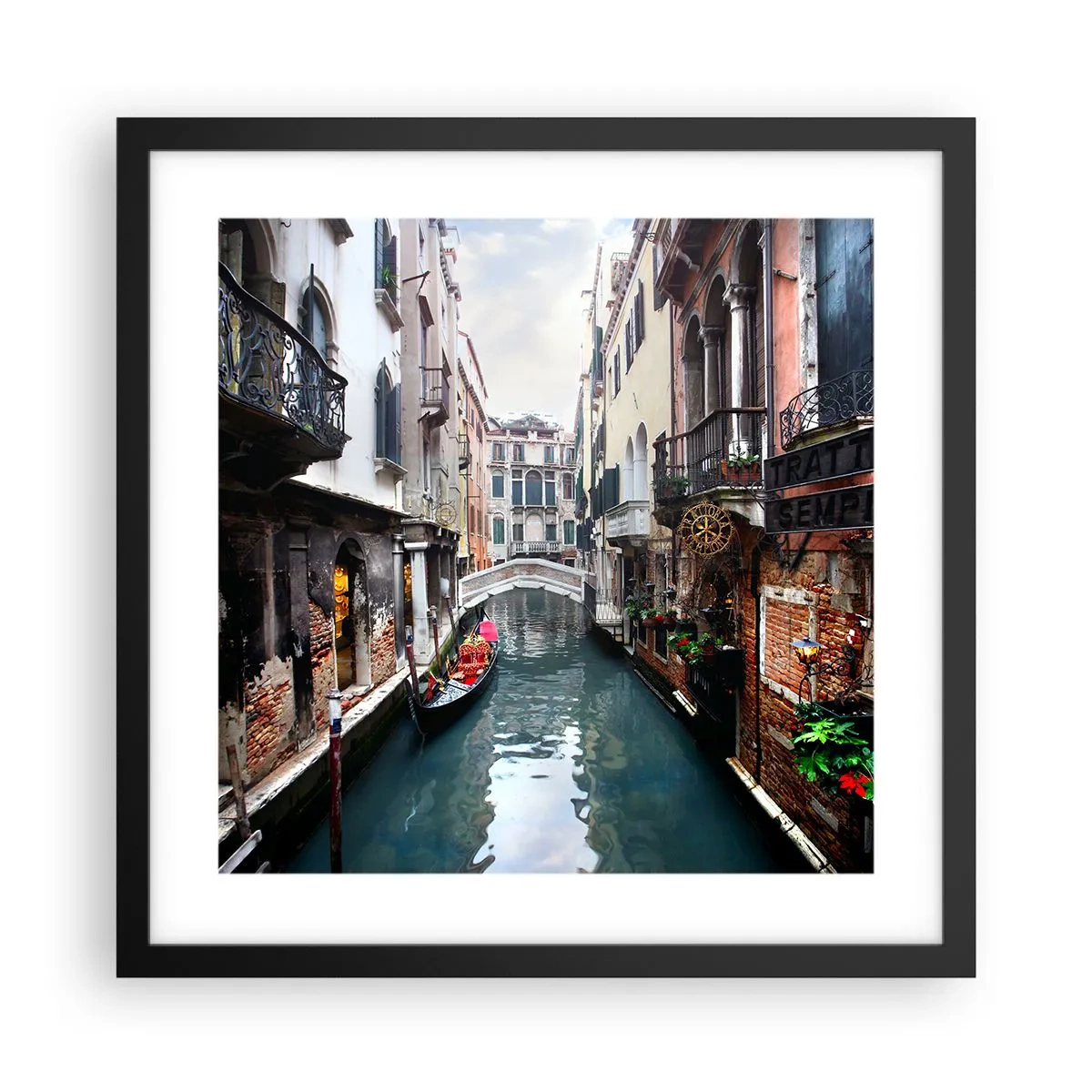 Poster in einem schwarzem Rahmen - Venezianische Landschaft mit Gondel und Brücke - 40x40 cm