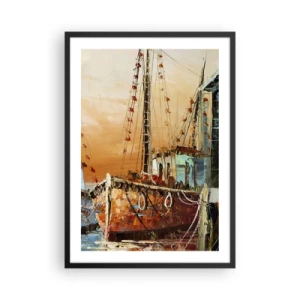 Poster in einem schwarzem Rahmen - Ein Segelschiff vor der Kulisse der untergehenden Sonne - 50x70cm - Friedliche Rückkehr - Moderne Wanddekoration für Wohnzimmer und Schlafzimmer ARTTOR