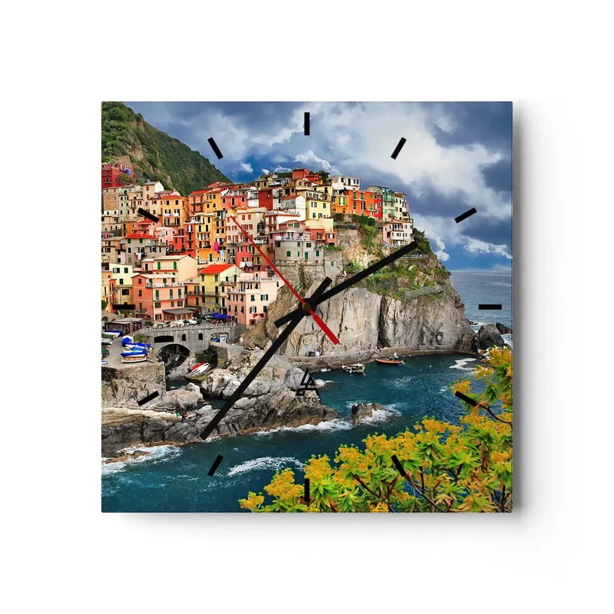 Wanduhr - Glasuhr - Bunte Häuser auf einer Klippe mit Blick auf das Meer in Cinque Terre - 30x30cm - Eine Gruppe umarmt die Felsen - Moderne Wanddekoration für Wohnzimmer und Schlafzimmer ARTTOR