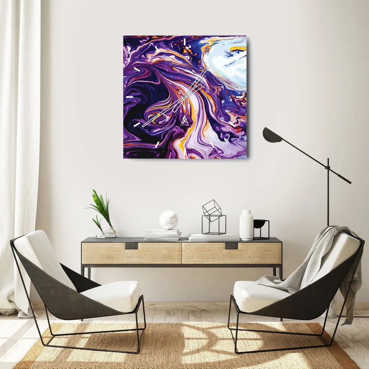Wanduhr - Glasuhr - Ein dynamisches abstraktes Muster in Lila- und Gelbtönen. - 30x30cm - Die Falte ist lila geworden - Moderne Wanddekoration für Wohnzimmer und Schlafzimmer ARTTOR