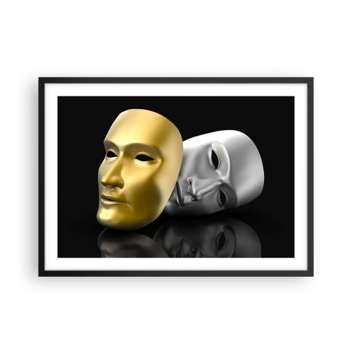 Poster in einem schwarzem Rahmen - Gold- und Silbermaske auf schwarzem Hintergrund - 70x50cm - Das Leben ist wie ein Theater - Moderne Wanddekoration für Wohnzimmer und Schlafzimmer ARTTOR