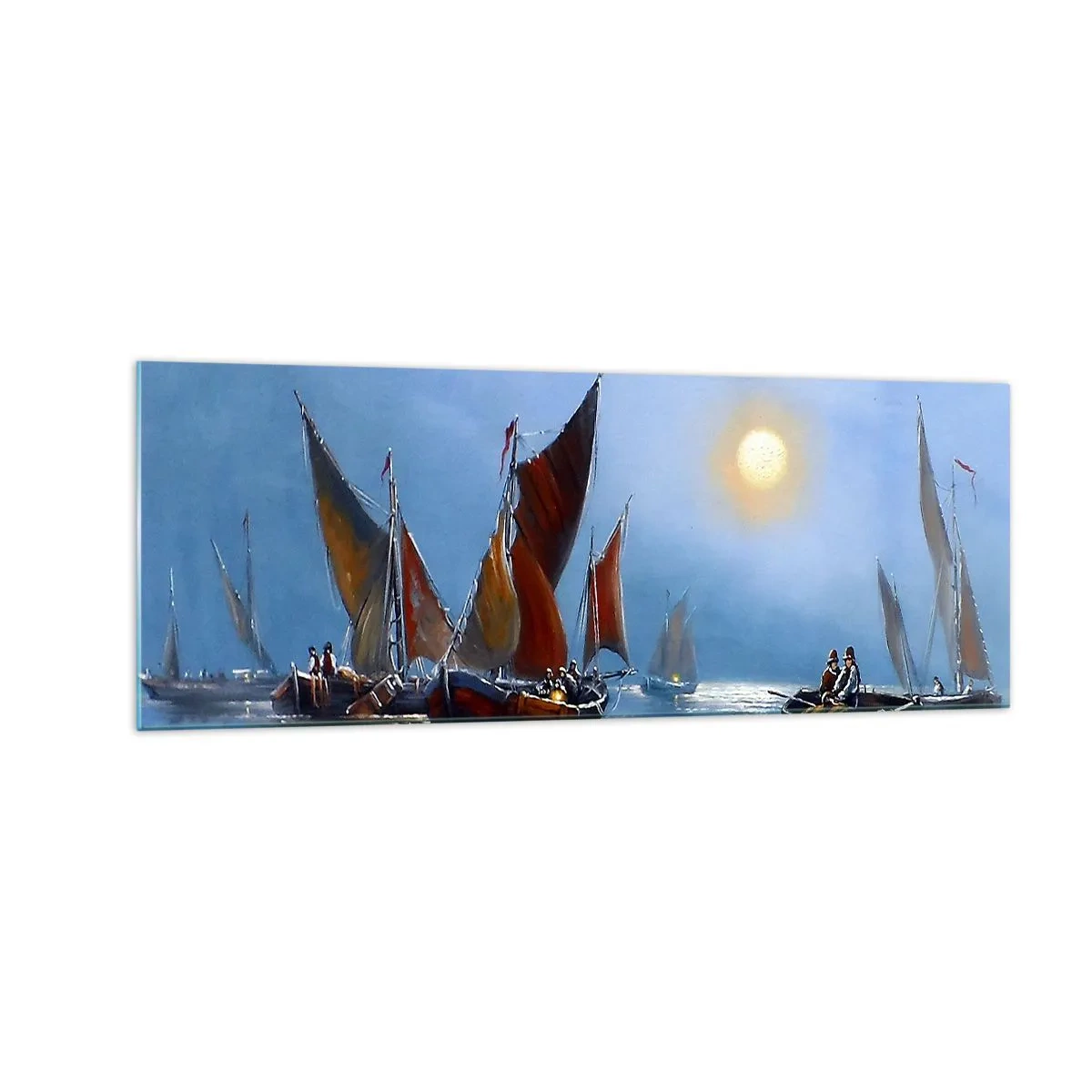 Glasbild - Bild auf glas - Boote mit Segeln auf ruhigem Wasser bei Sonnenuntergang - 140x50cm - Nachtfang - Moderne Wanddekoration für Wohnzimmer und Schlafzimmer ARTTOR