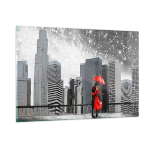 Glasbild - Bild auf glas - Ein Paar mit einem roten Regenschirm steht nachts vor einer Stadtlandschaft - 120x80cm - Der Mensch ist kein Stein - Moderne Wanddekoration für Wohnzimmer und Schlafzimmer ARTTOR