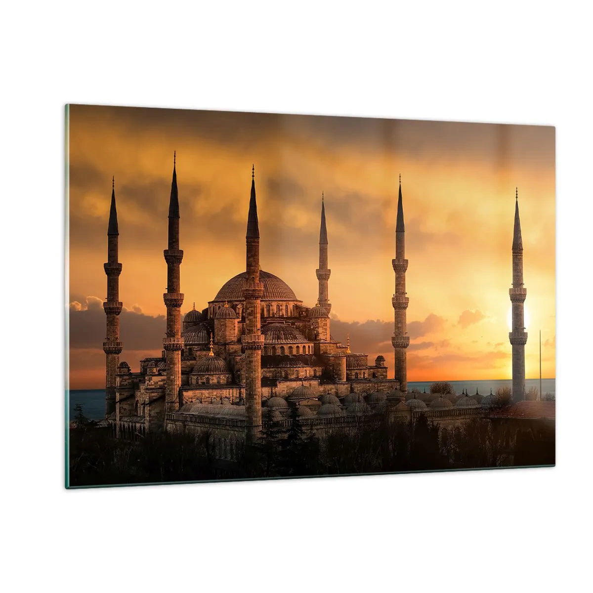 Glasbild - Bild auf glas - Die Blaue Moschee vor der Kulisse des Sonnenuntergangs - 120x80cm - Gott ist großartig - Moderne Wanddekoration für Wohnzimmer und Schlafzimmer ARTTOR