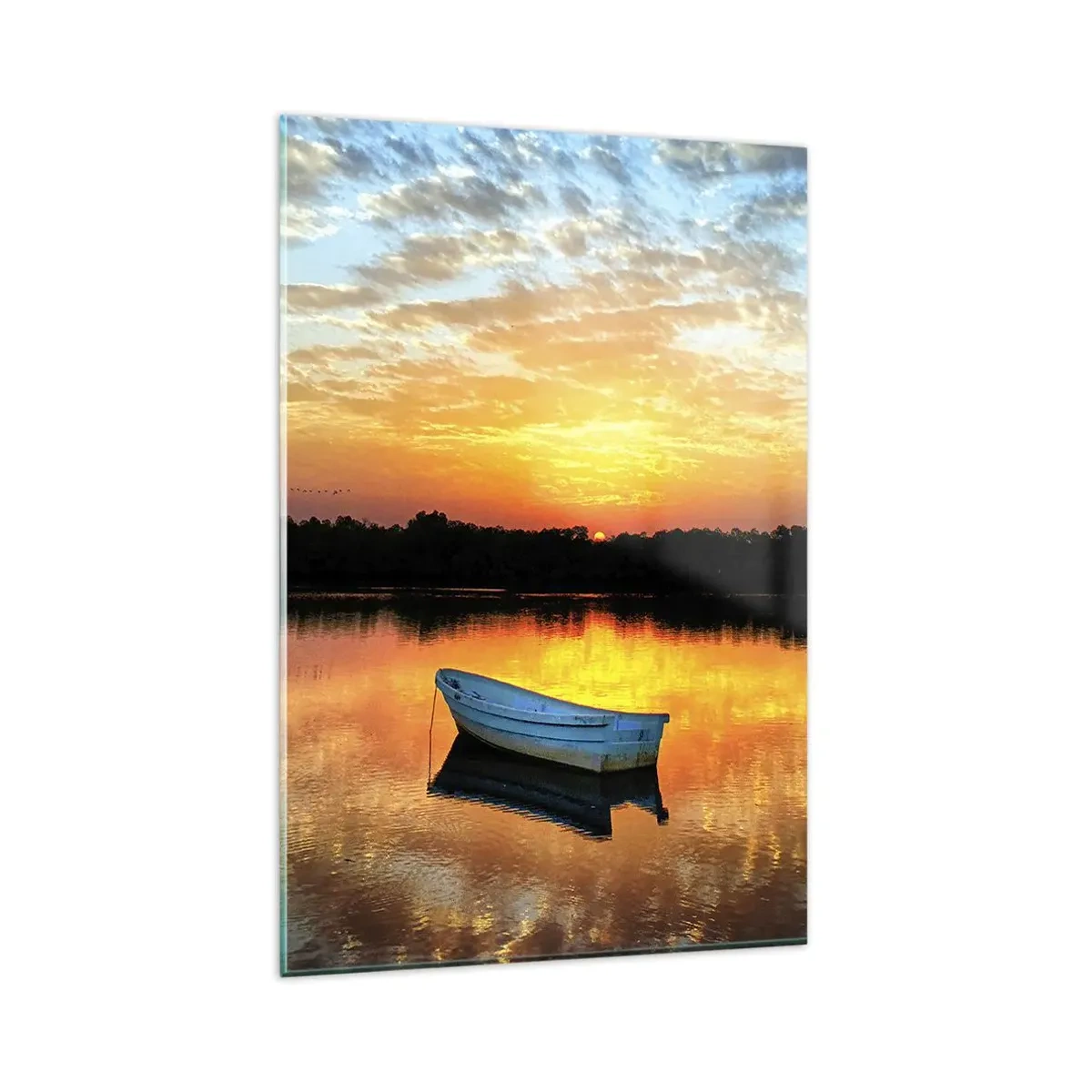Glasbild - Bild auf glas - Ein Boot auf einem ruhigen See bei Sonnenuntergang - 80x120cm - Schauen, hören, meditieren - Moderne Wanddekoration für Wohnzimmer und Schlafzimmer ARTTOR