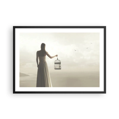Poster in einem schwarzem Rahmen - Eine Frau mit einem Käfig vor einem ruhigen Himmel - 70x50cm - Sei frei - Moderne Wanddekoration für Wohnzimmer und Schlafzimmer ARTTOR