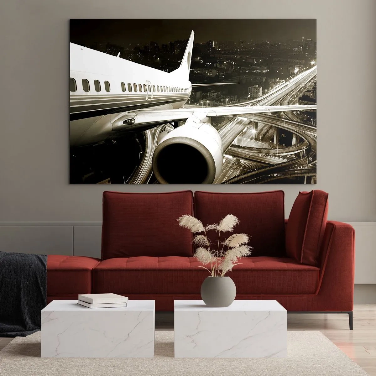 Glasbild - Bild auf glas - Ein Flugzeug über der Stadt bei Nacht mit Industrieatmosphäre - 70x50cm - In die Nacht fliegen - Moderne Wanddekoration für Wohnzimmer und Schlafzimmer ARTTOR