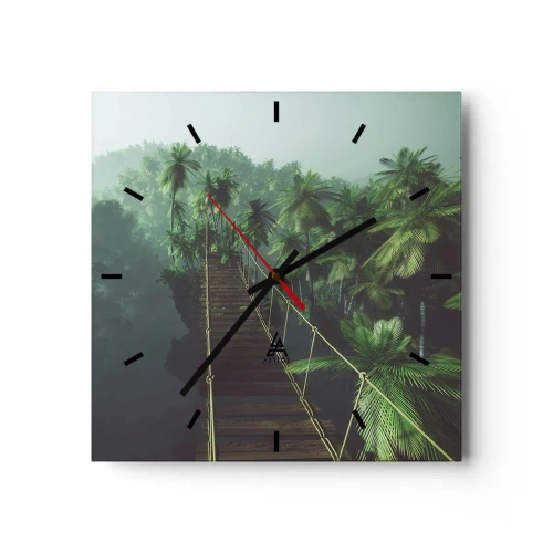 Wanduhr - Glasuhr - Eine Hängebrücke in einem tropischen Wald, umgeben von Nebel. - 30x30cm - Über der Brandung des Grüns - Moderne Wanddekoration für Wohnzimmer und Schlafzimmer ARTTOR