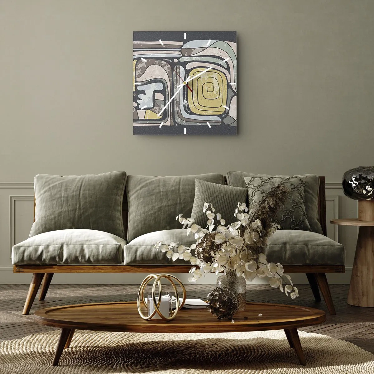 Wanduhr - Glasuhr - Abstraktion im präkolumbianischen Geist - 40x40 cm