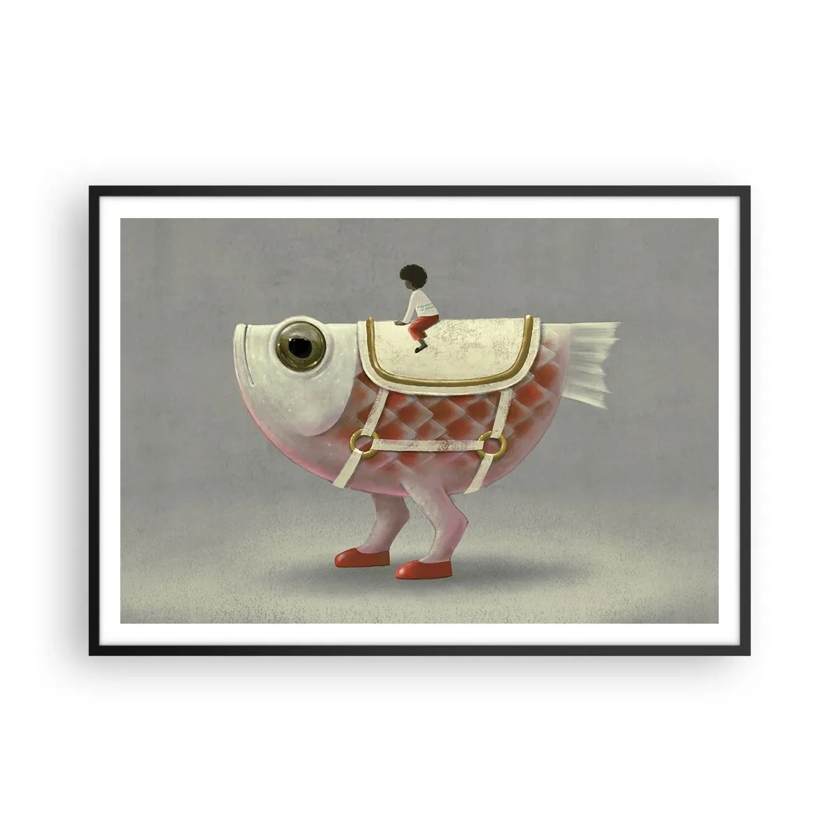 Poster in einem schwarzem Rahmen - Ein schicker Fischreiter mit Beinen und Sattel - 100x70cm - Reiter auf einem surrealen Fisch - Moderne Wanddekoration für Wohnzimmer und Schlafzimmer ARTTOR