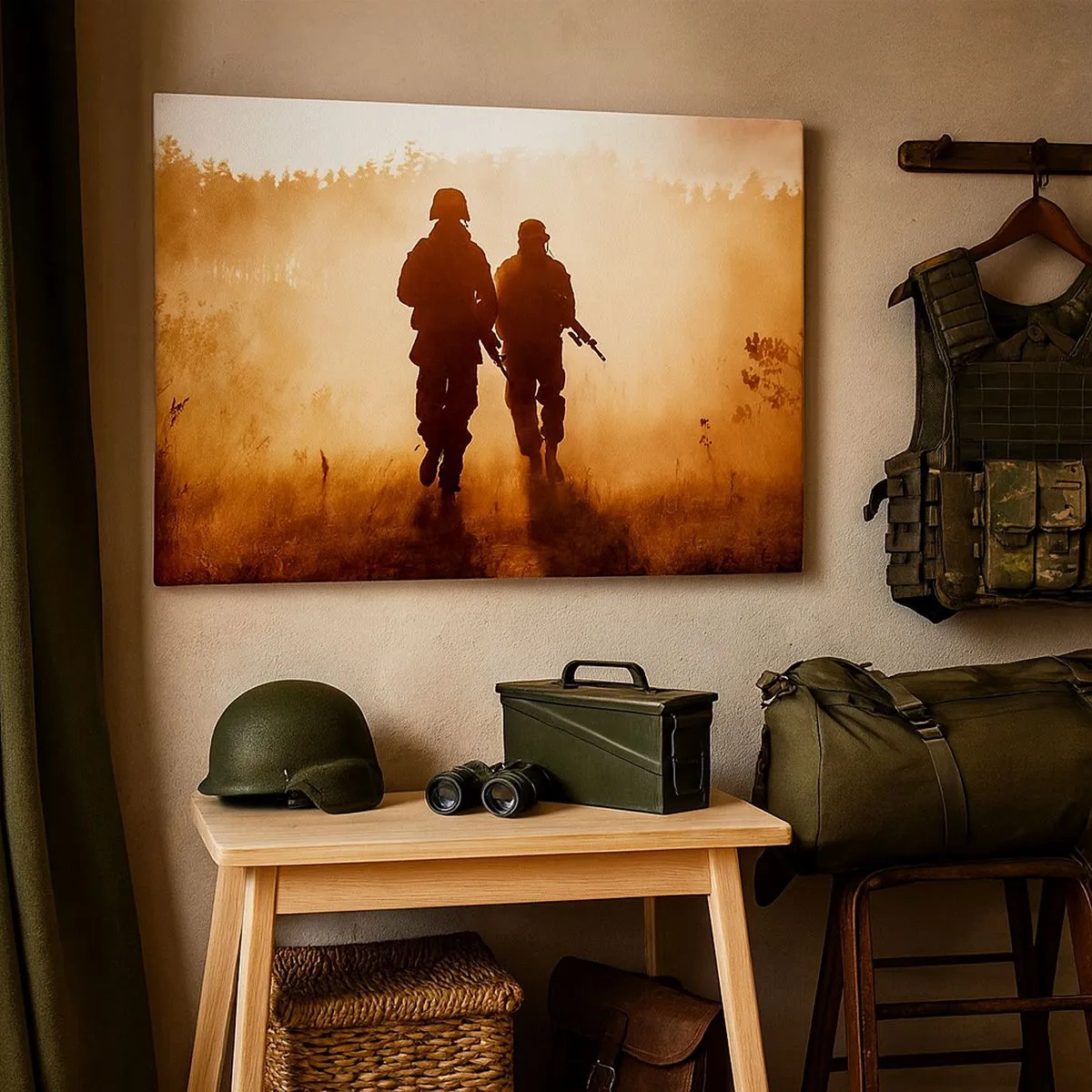 Bild auf Leinwand - Leinwandbild - Soldaten marschieren im Morgennebel vor der Kulisse der Natur - 70x50cm - Ruf der Pflicht - Moderne Wanddekoration für Wohnzimmer und Schlafzimmer ARTTOR
