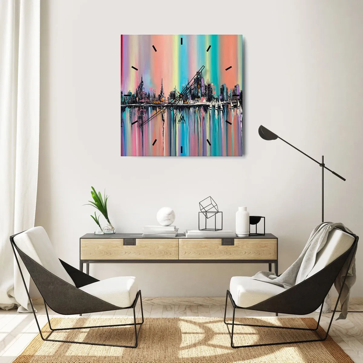 Wanduhr - Glasuhr - Buntes Stadtbild mit Spiegelung auf dem Wasser - 30x30cm - Um das Licht der Nacht herunterzufallen - Moderne Wanddekoration für Wohnzimmer und Schlafzimmer ARTTOR