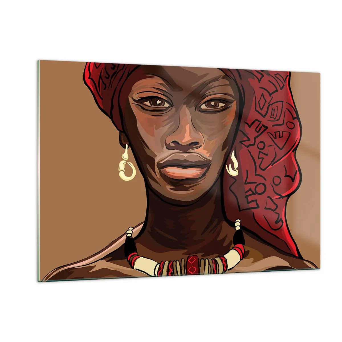 Glasbild - Bild auf glas - Stilisiertes Porträt einer Frau mit rotem Turban und Schmuck. - 120x80cm - Venus aus Ebenholz - Moderne Wanddekoration für Wohnzimmer und Schlafzimmer ARTTOR