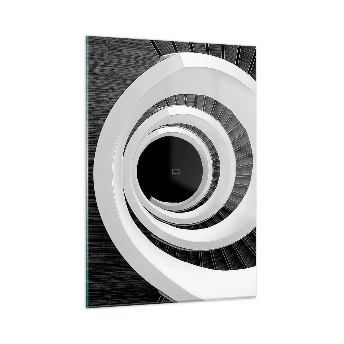 Glasbild - Bild auf glas - Schwarz-weiße Wendeltreppe von oben - 50x70cm - Zum Kern der Sache - Moderne Wanddekoration für Wohnzimmer und Schlafzimmer ARTTOR