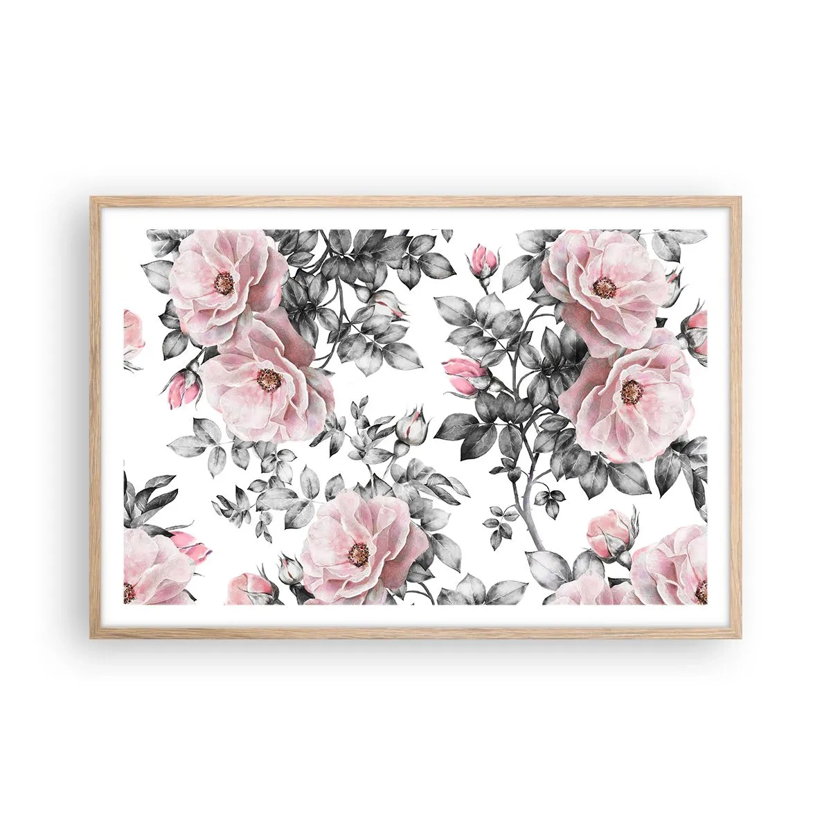 Poster in einem Rahmen aus heller Eiche - Verliere dich in den Blüten der Rosen - 91x61 cm