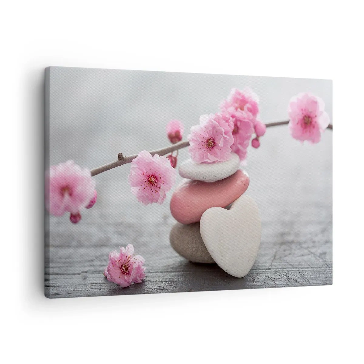 Bild auf Leinwand - Leinwandbild - Zarte Kirschblüten mit herzförmigen Steinen - 70x50cm - Glückseligkeit mit einer Kirschblüte - Moderne Wanddekoration für Wohnzimmer und Schlafzimmer ARTTOR