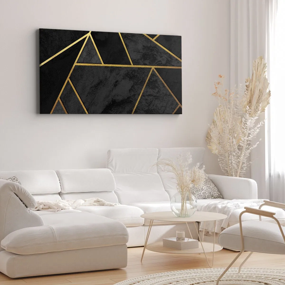 Bild auf Leinwand - Leinwandbild - Geometrisches Goldmuster auf schwarzem Hintergrund - 160x50cm - Dunkelheit und Glanz - Moderne Wanddekoration für Wohnzimmer und Schlafzimmer ARTTOR
