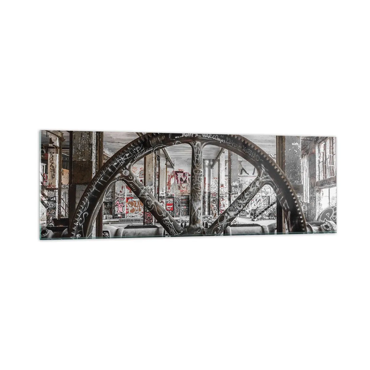 Glasbild - Bild auf glas - Ein alter Mechanismus in einem verlassenen Industriegebäude - 160x50cm - Das geheime Leben der Fabrik - Moderne Wanddekoration für Wohnzimmer und Schlafzimmer ARTTOR
