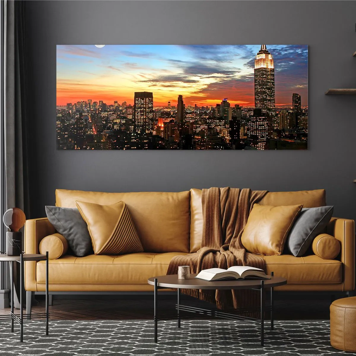 Glasbild - Bild auf glas - Stadtpanorama mit beleuchteten Wolkenkratzern in der Abenddämmerung - 120x50cm - Leuchtende amerikanische Nacht - Moderne Wanddekoration für Wohnzimmer und Schlafzimmer ARTTOR