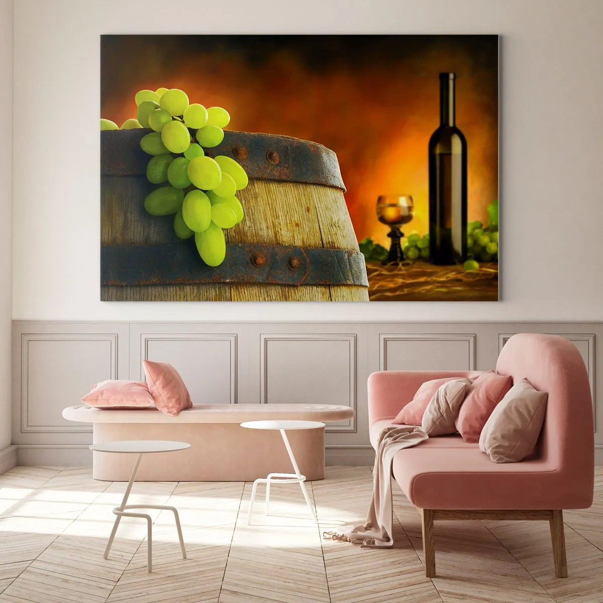 Glasbild - Bild auf glas - Trauben auf einem Fass in rustikalem Ambiente mit Wein im Hintergrund - 70x50cm - Stillleben mit einer Flasche Wein und einer Weintraube - Moderne Wanddekoration für Wohnzimmer und Schlafzimmer ARTTOR