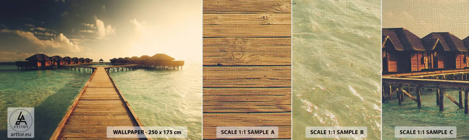 Fototapeten Muster Premium Canvas - Eine herzliche Einladung - Malediven, Landschaft, Häuser am Wasser - 100x30 cm