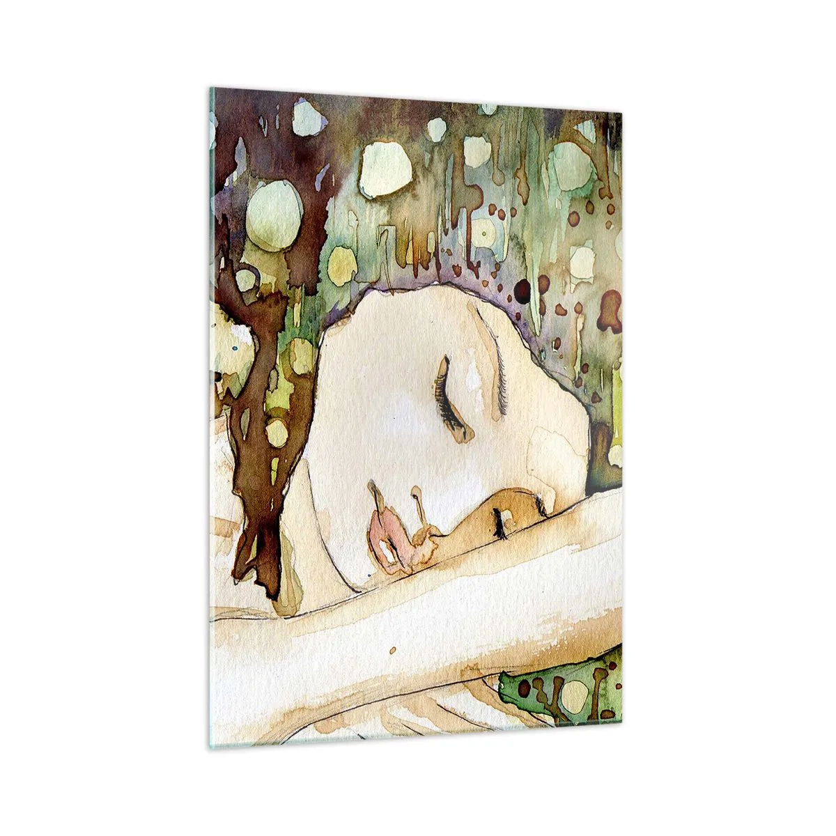 Glasbild - Bild auf glas - Eine schlafende Frau in einem künstlerischen Aquarellgemälde in warmen Farben. - 50x70cm - Ein smaragd-violetter Traum - Moderne Wanddekoration für Wohnzimmer und Schlafzimmer ARTTOR