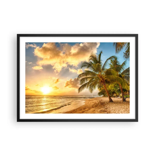 Poster in einem schwarzem Rahmen - Strand mit Palmen und einem Sonnenuntergang über dem Meer - 70x50cm - Ewiger Sommer, immer Urlaub - Moderne Wanddekoration für Wohnzimmer und Schlafzimmer ARTTOR