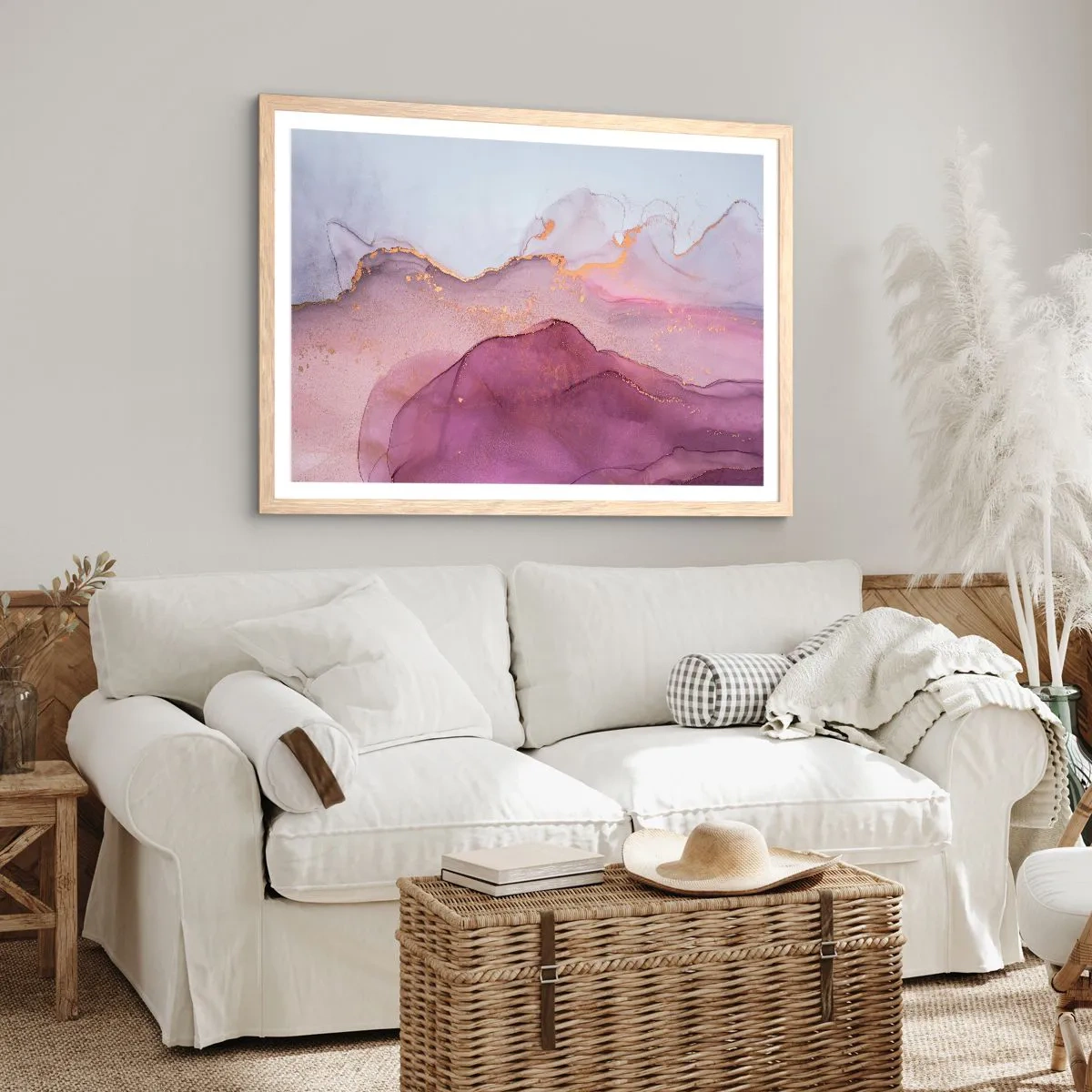 Poster in einem Rahmen aus heller Eiche - Violett und lila Wellen - 70x50 cm