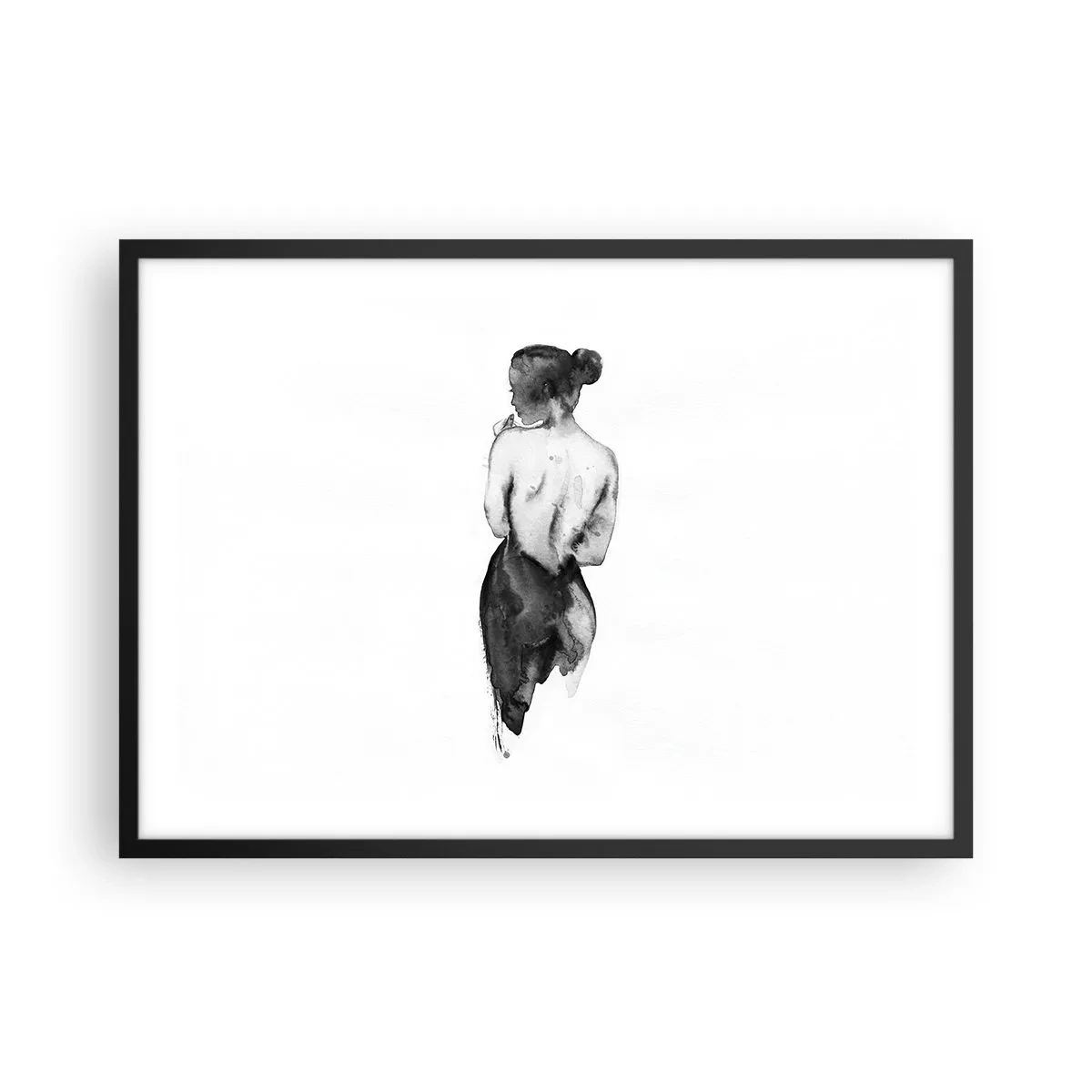 Poster in einem schwarzem Rahmen - Die Figur einer Frau, eingefangen in subtilem Aquarell - 70x50cm - Bei ihr verschwindet die Welt - Moderne Wanddekoration für Wohnzimmer und Schlafzimmer ARTTOR