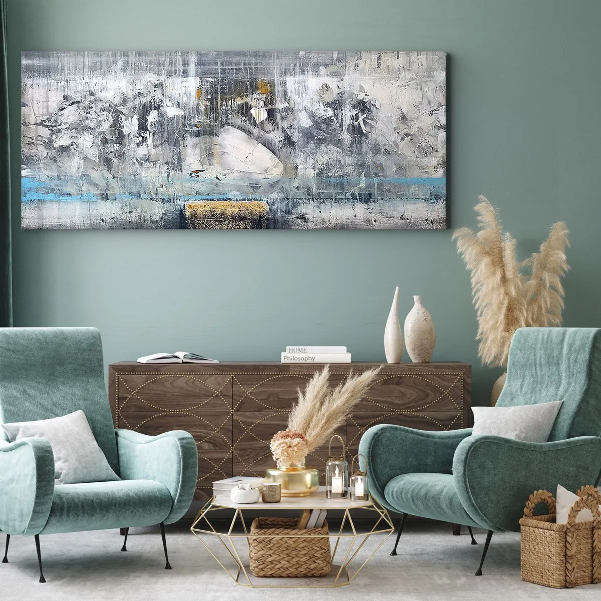 Bild auf Leinwand - Leinwandbild - Abstrakte Komposition in kühlen Tönen - 140x50cm - Wie auf Eis, wie nach Dezember - Moderne Wanddekoration für Wohnzimmer und Schlafzimmer ARTTOR