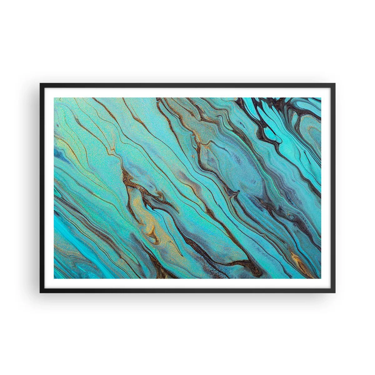 Poster in einem schwarzem Rahmen - Abstrakte Wellen in Türkis- und Goldtönen - 100x70cm - Türkisfarbene Flut - Moderne Wanddekoration für Wohnzimmer und Schlafzimmer ARTTOR