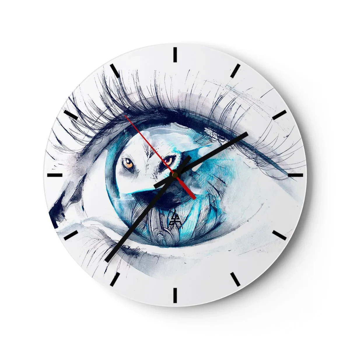 Wanduhr - Glasuhr - Künstlerisches Wolfsaugen-Motiv in Blau- und Weißtönen - 30x30cm - Auge in Auge mit Wildheit - Moderne Wanddekoration für Wohnzimmer, Küche und Schlafzimmer ARTTOR