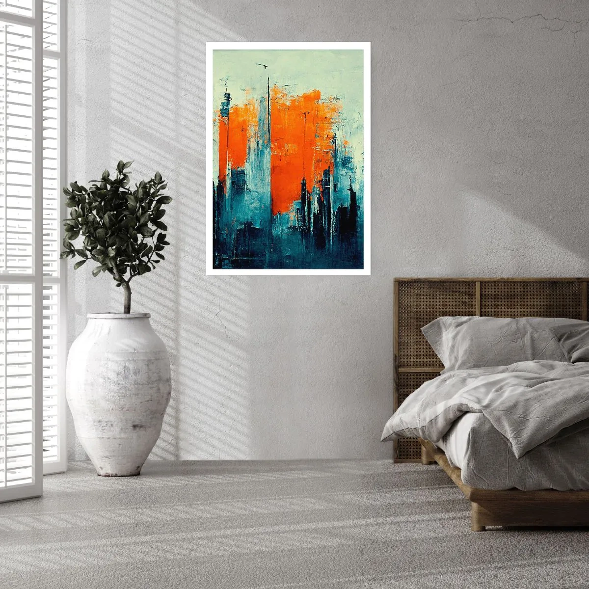 Poster - Abstraktes Stadtpanorama in Orange- und Marineblautönen - 50x70cm - Moderne Landschaft - Moderne Wanddekoration für Wohnzimmer und Schlafzimmer ARTTOR